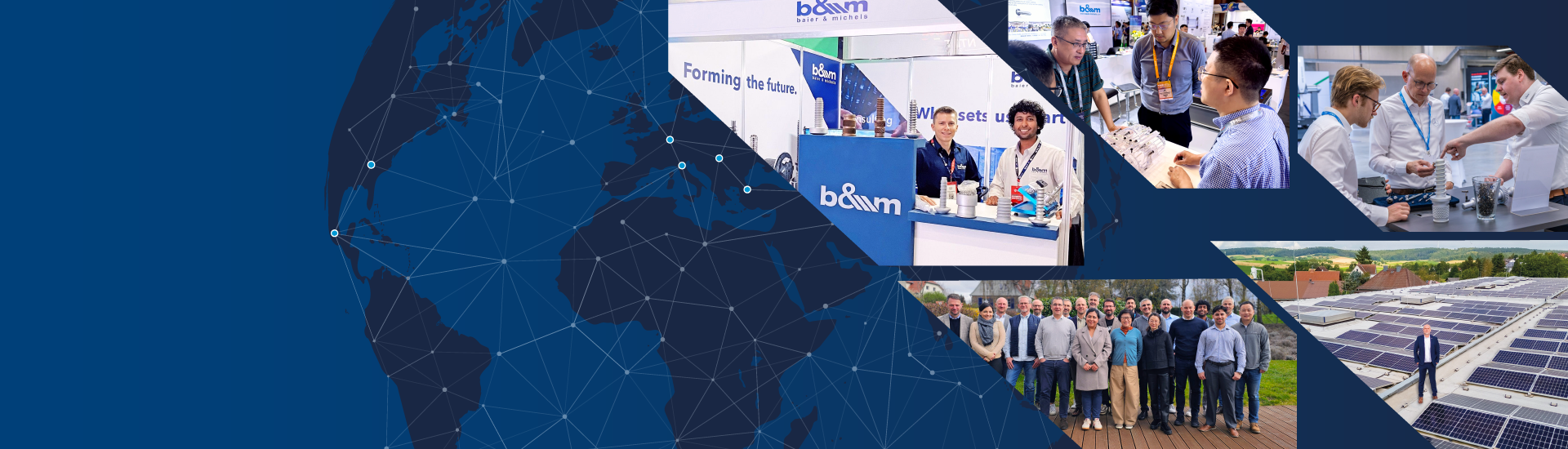 baier & michels as a global specialist in connection technology and fastening solutions, showcasing employees, customer consultations, technical product presentations, fastening components, and international support for the automotive and industrial sectors.